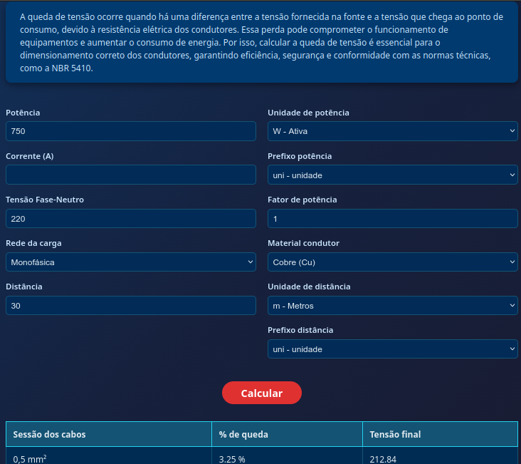 Página de cálculo de queda de tensão